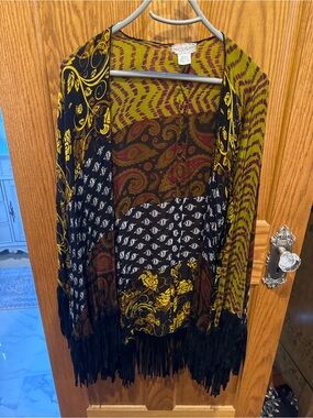Free People Mixed Print Fringe Kimono Cardigan in Olive, Black & Mustard
